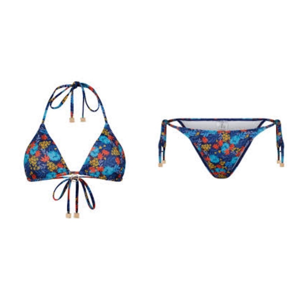 A|LOUD Seasonless Blue Floral Bikini Set Recycled Fabric Gold Hardware XS